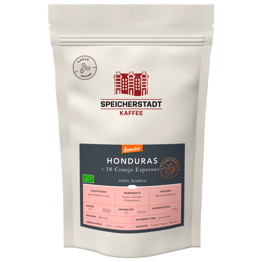 Speicherstadt Kaffee Bio Honduras Espresso ganze Bohne 250g